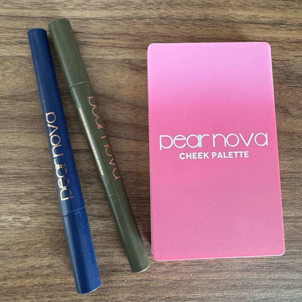 Pear Nova Pink Cheek Palette with Blue and Green Duo Eyeshadow Sticks W Eyeliner